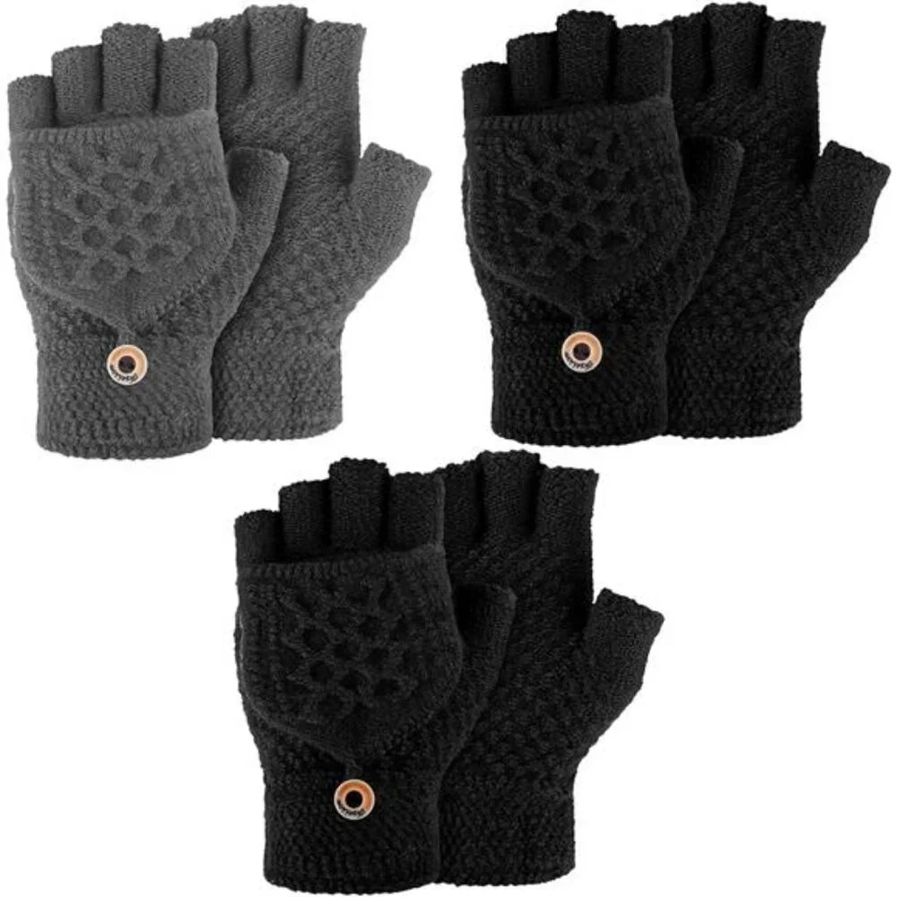 3 Pairs Women's Knitted Convertible Fingerless Gloves Winter Flap Cover